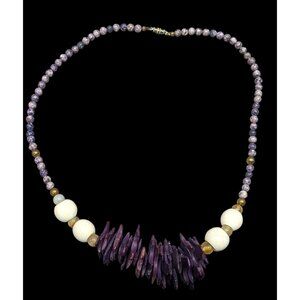 Vintage Purple Wood And Stone Beaded Necklace